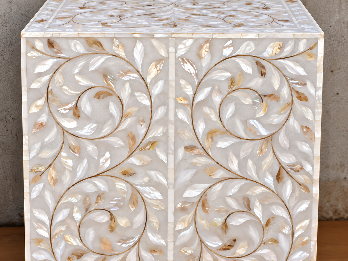 White Mother of Pearl Bedside Table – Handmade Floral Inlay Nightstand with 3 Drawers