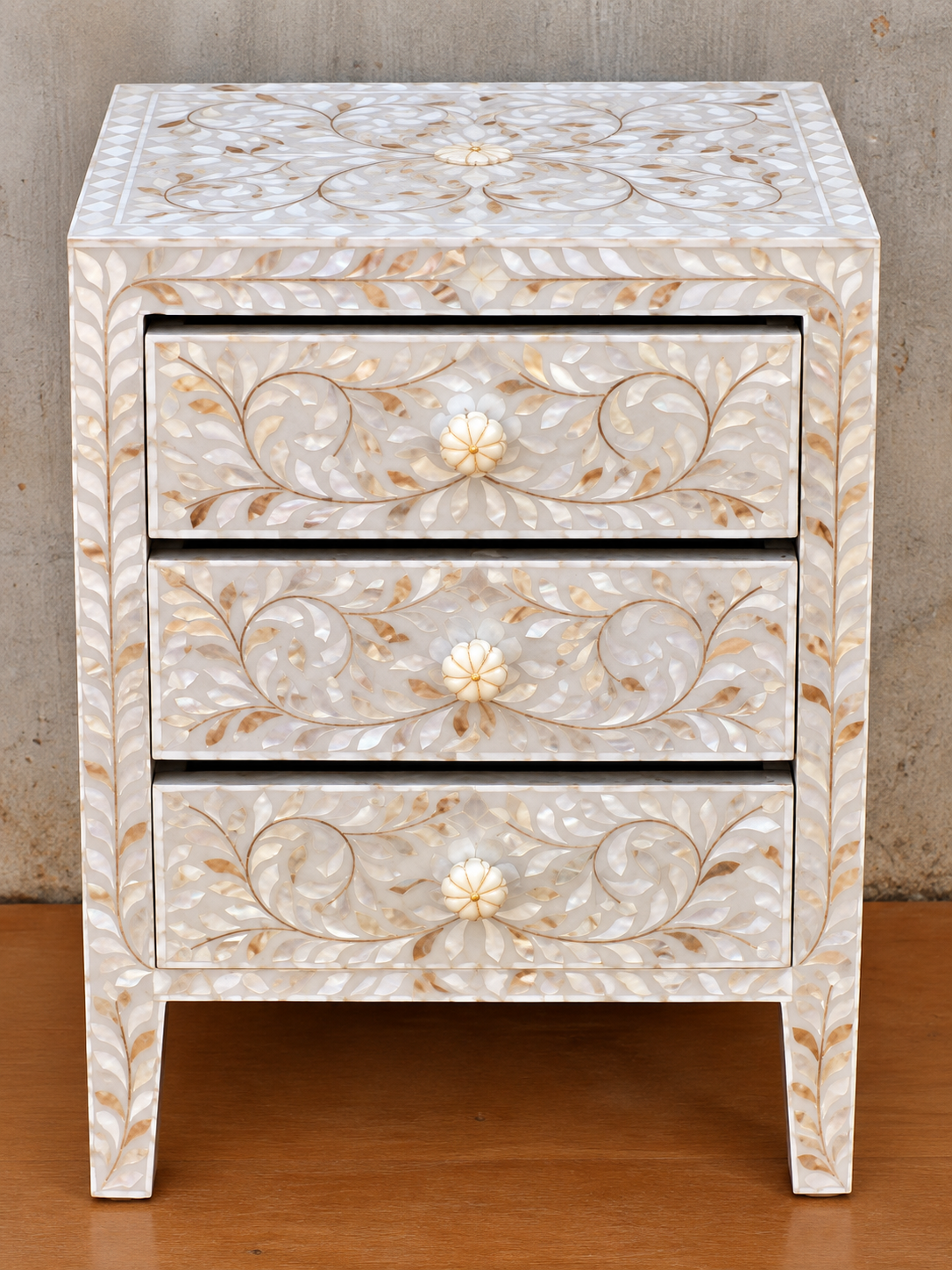 White Mother of Pearl Bedside Table – Handmade Floral Inlay Nightstand with 3 Drawers