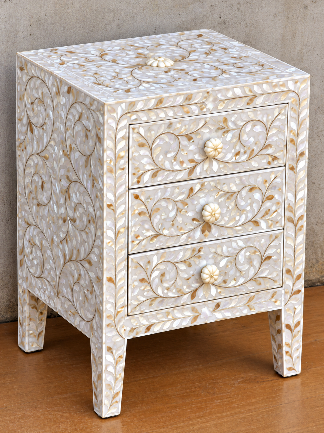 White Mother of Pearl Bedside Table – Handmade Floral Inlay Nightstand with 3 Drawers
