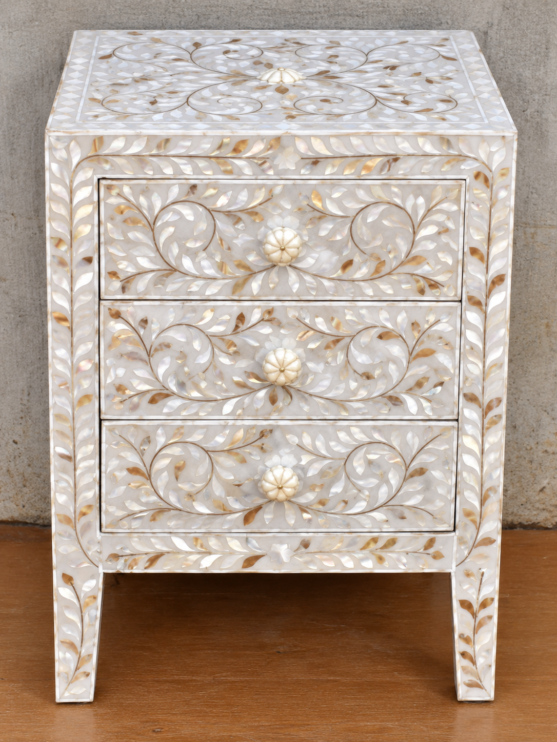 White Mother of Pearl Bedside Table – Handmade Floral Inlay Nightstand with 3 Drawers