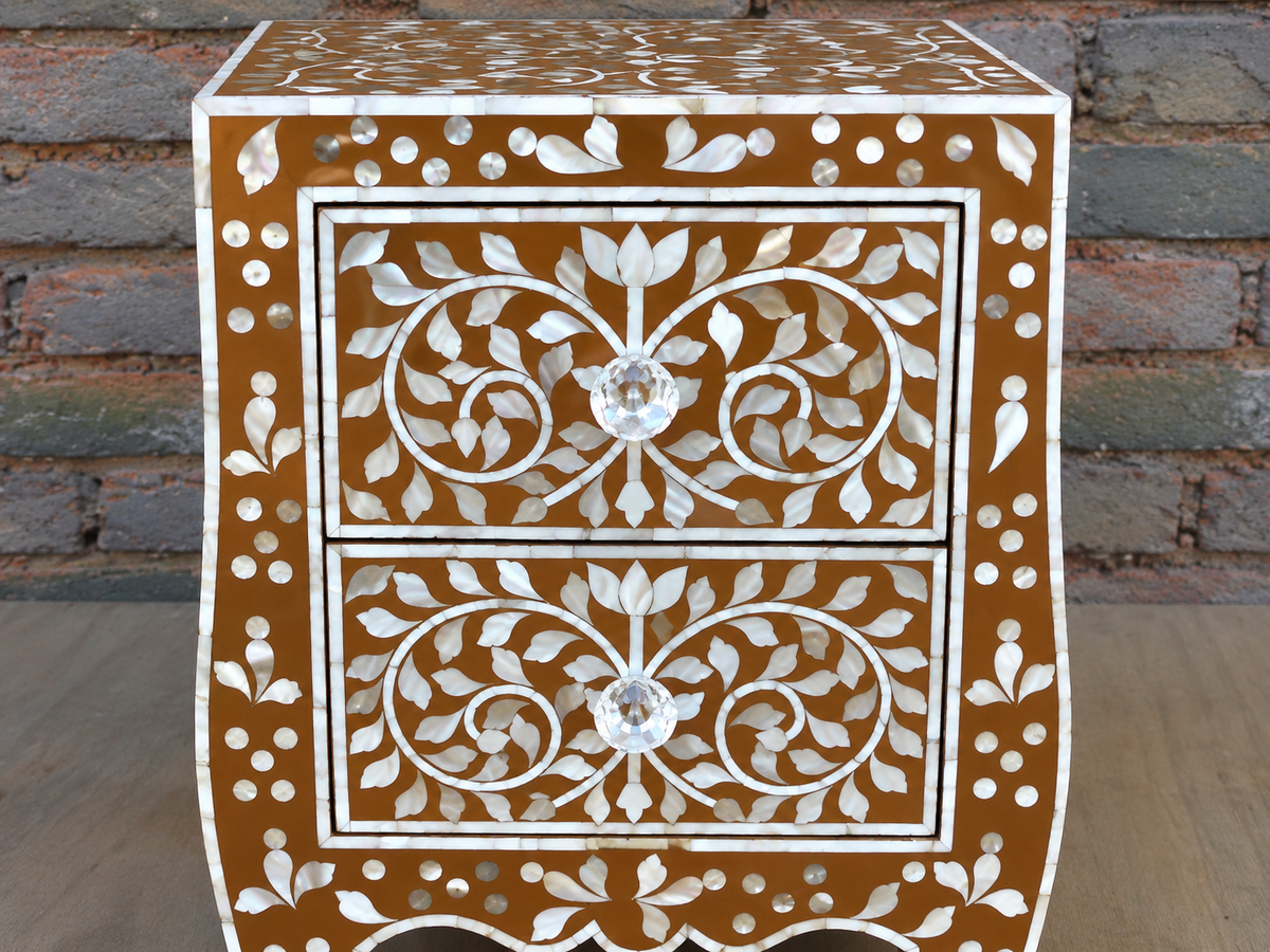 Brown Mother of Pearl Bedside Table – Handmade Floral Inlay Nightstand with 2 Drawers