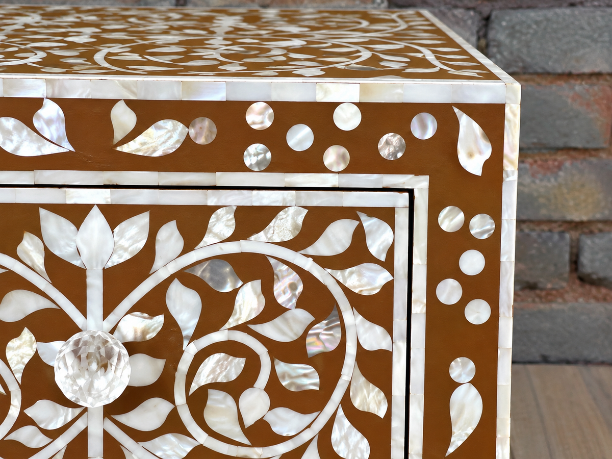 Brown Mother of Pearl Bedside Table – Handmade Floral Inlay Nightstand with 2 Drawers