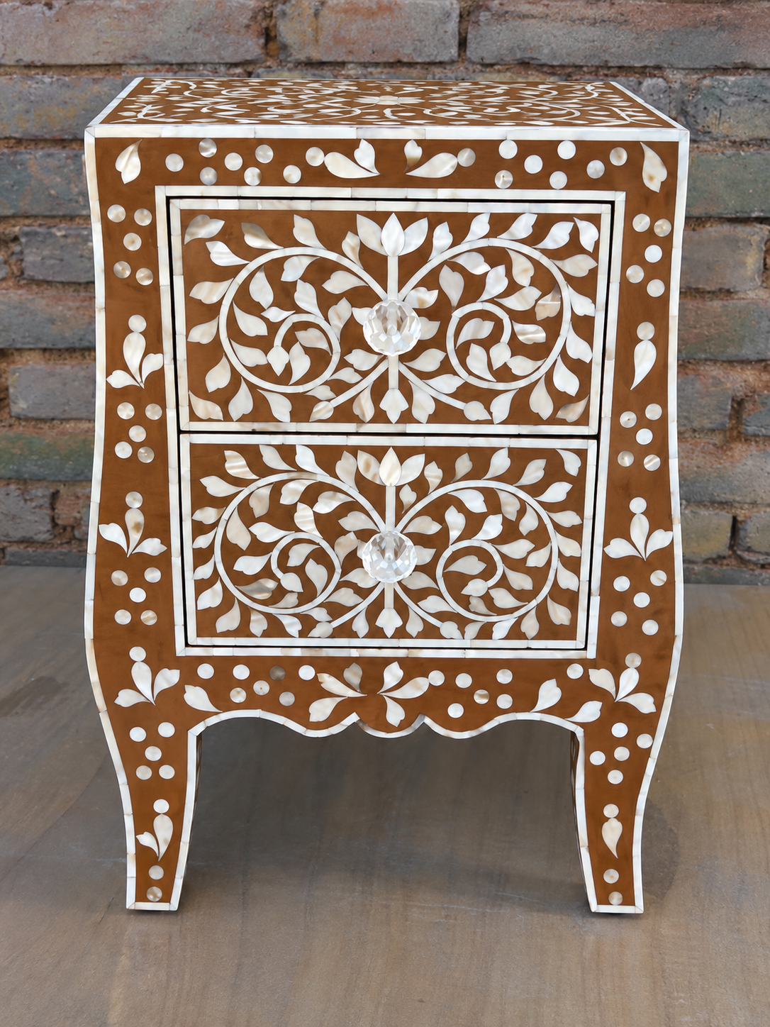 Brown Mother of Pearl bedside table with floral inlay and two storage drawers