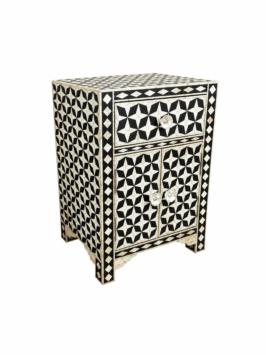 Black Mother of Pearl Bedside Cabinet – Handmade Geometric Inlay Nightstand with Drawer & 2 Doors