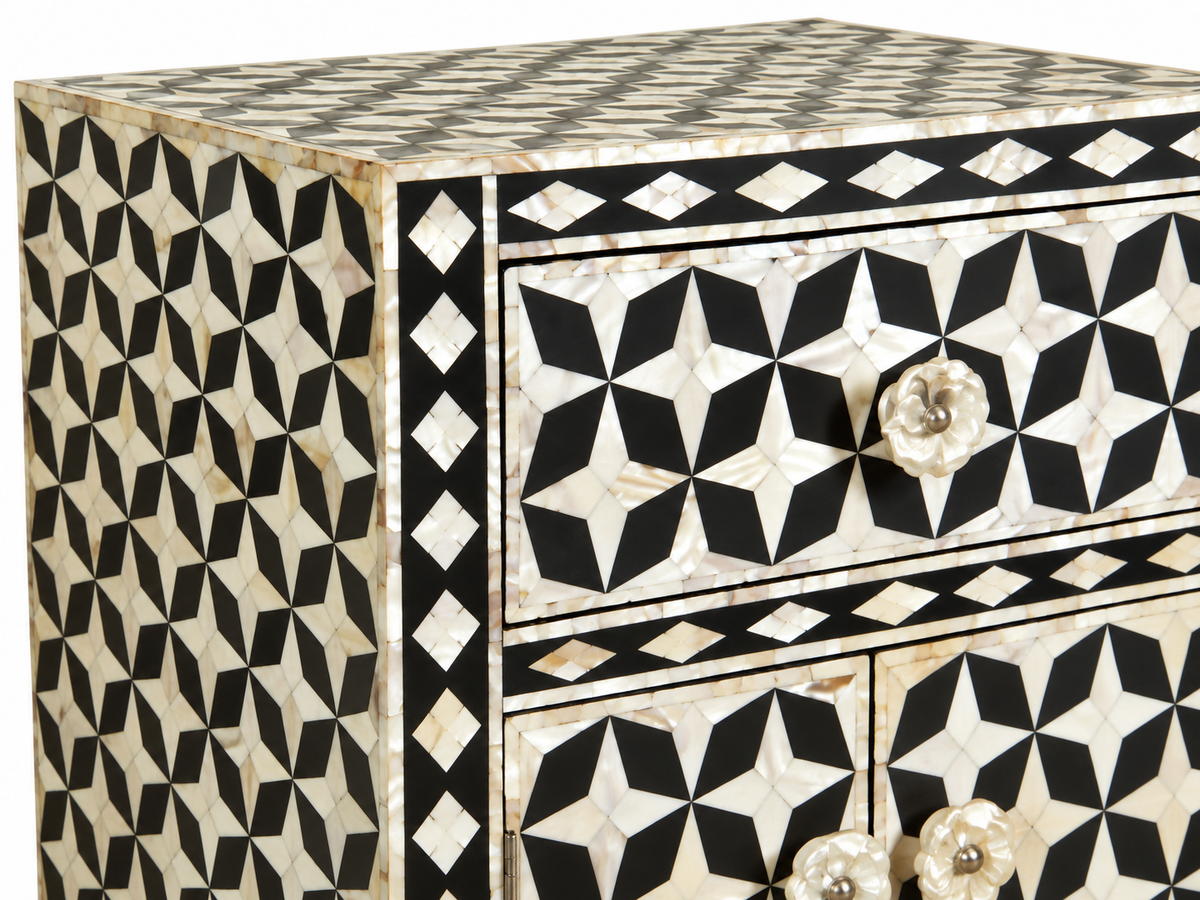 Black Mother of Pearl Bedside Cabinet – Handmade Geometric Inlay Nightstand with Drawer & 2 Doors