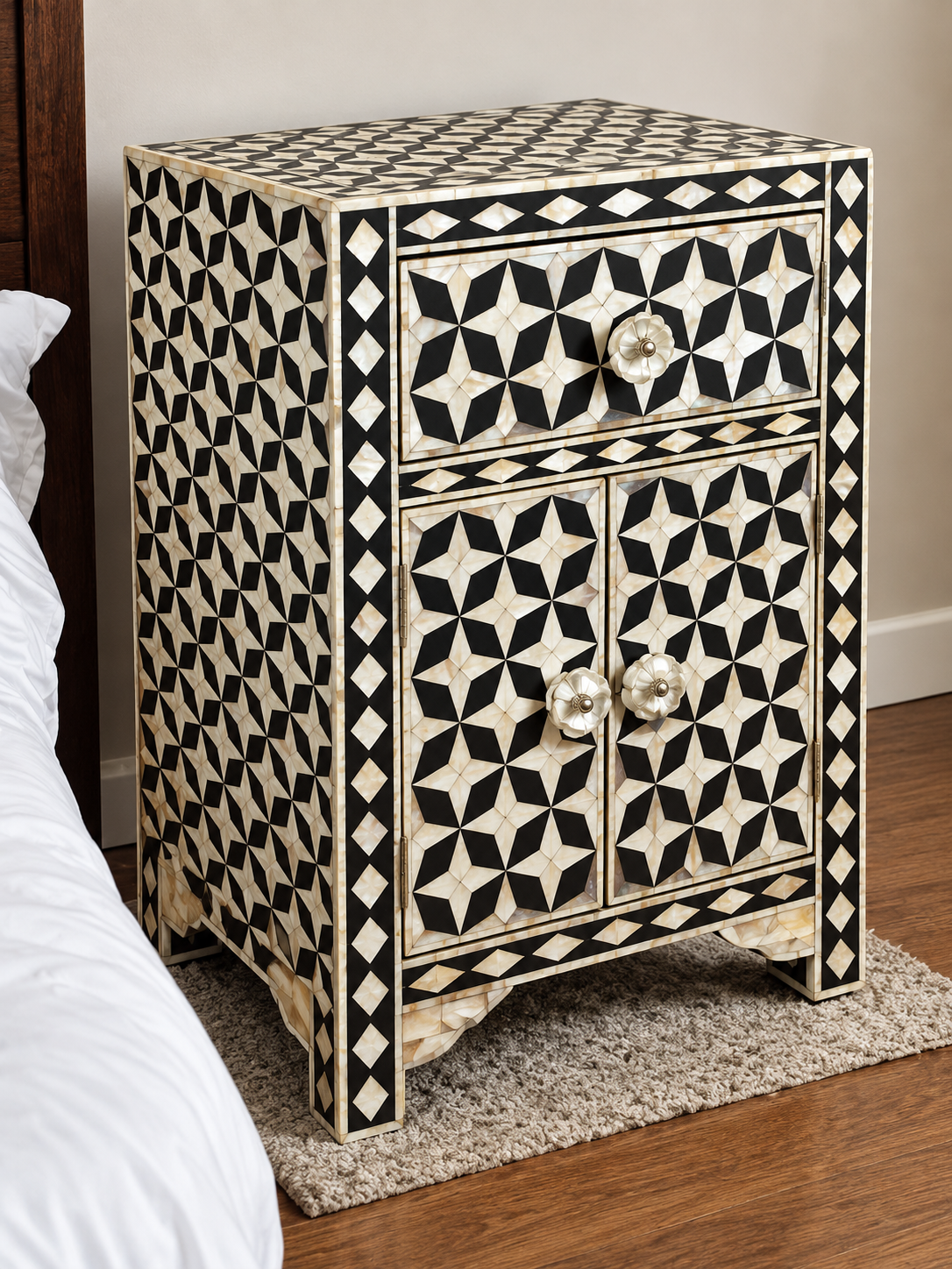 Black Mother of Pearl Bedside Cabinet – Handmade Geometric Inlay Nightstand with Drawer & 2 Doors
