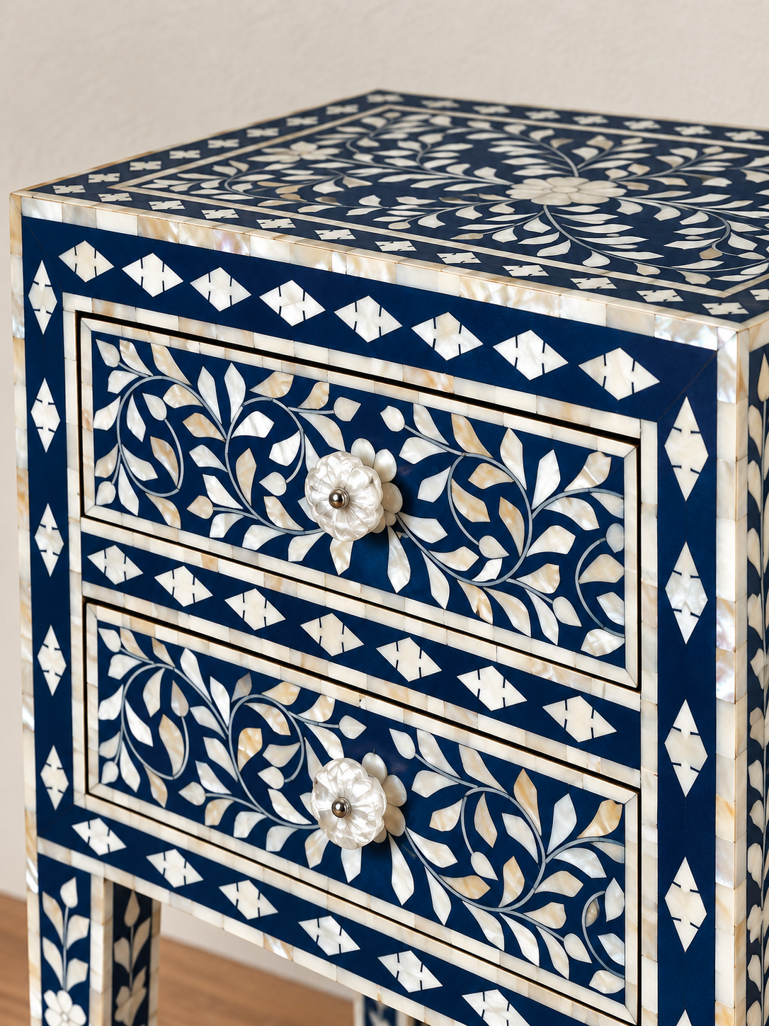 Navy Blue Mother of Pearl Bedside Table – Handmade Floral Inlay Nightstand with 2 Drawers