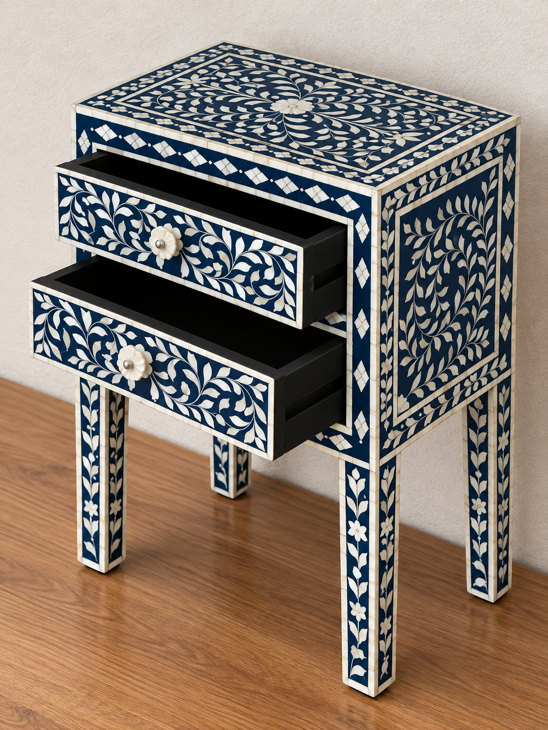 Navy Blue Mother of Pearl Bedside Table – Handmade Floral Inlay Nightstand with 2 Drawers