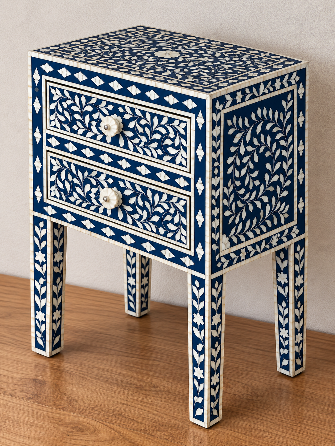 Navy Blue Mother of Pearl Bedside Table – Handmade Floral Inlay Nightstand with 2 Drawers