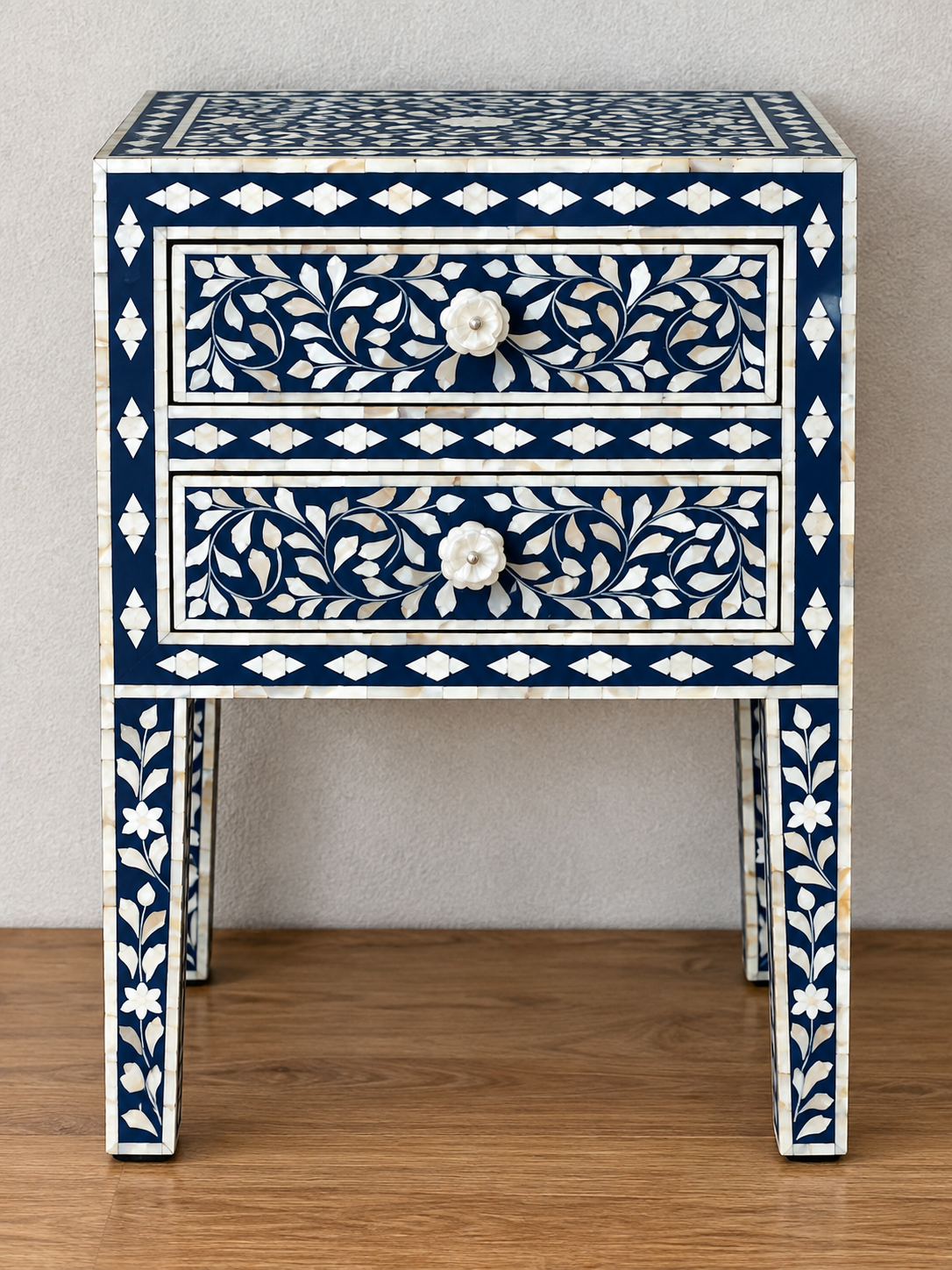 Navy blue Mother of Pearl bedside table with floral inlay and two drawers