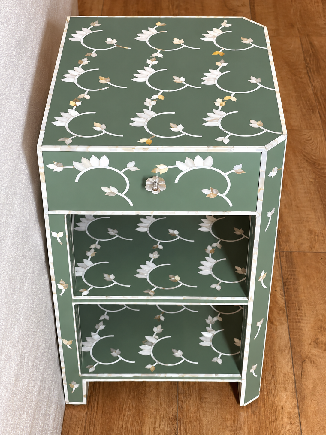 Sage Green Mother of Pearl Bedside Table – Handmade Floral Inlay Nightstand with Drawer & Open Shelves