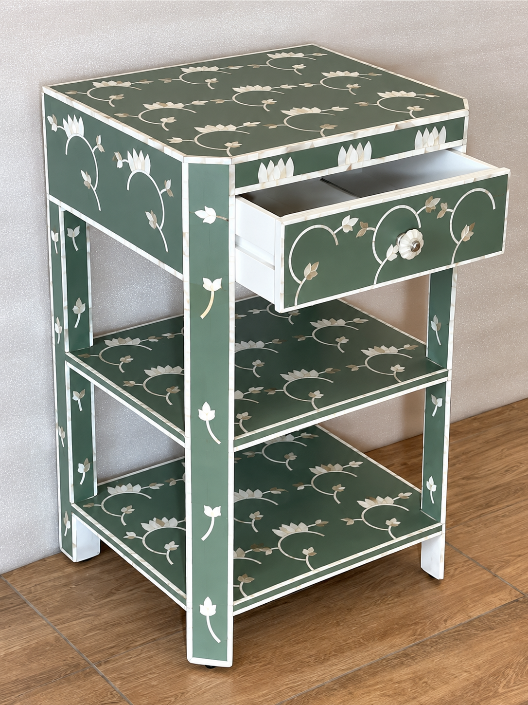 Sage Green Mother of Pearl Bedside Table – Handmade Floral Inlay Nightstand with Drawer & Open Shelves