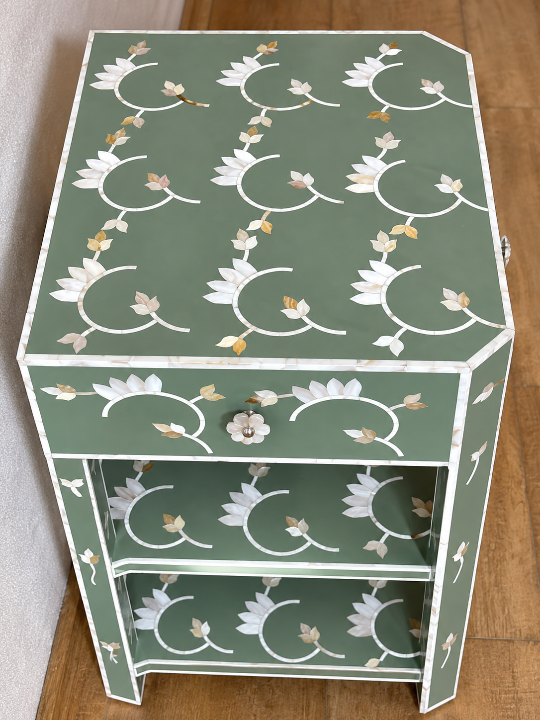 Sage Green Mother of Pearl Bedside Table – Handmade Floral Inlay Nightstand with Drawer & Open Shelves