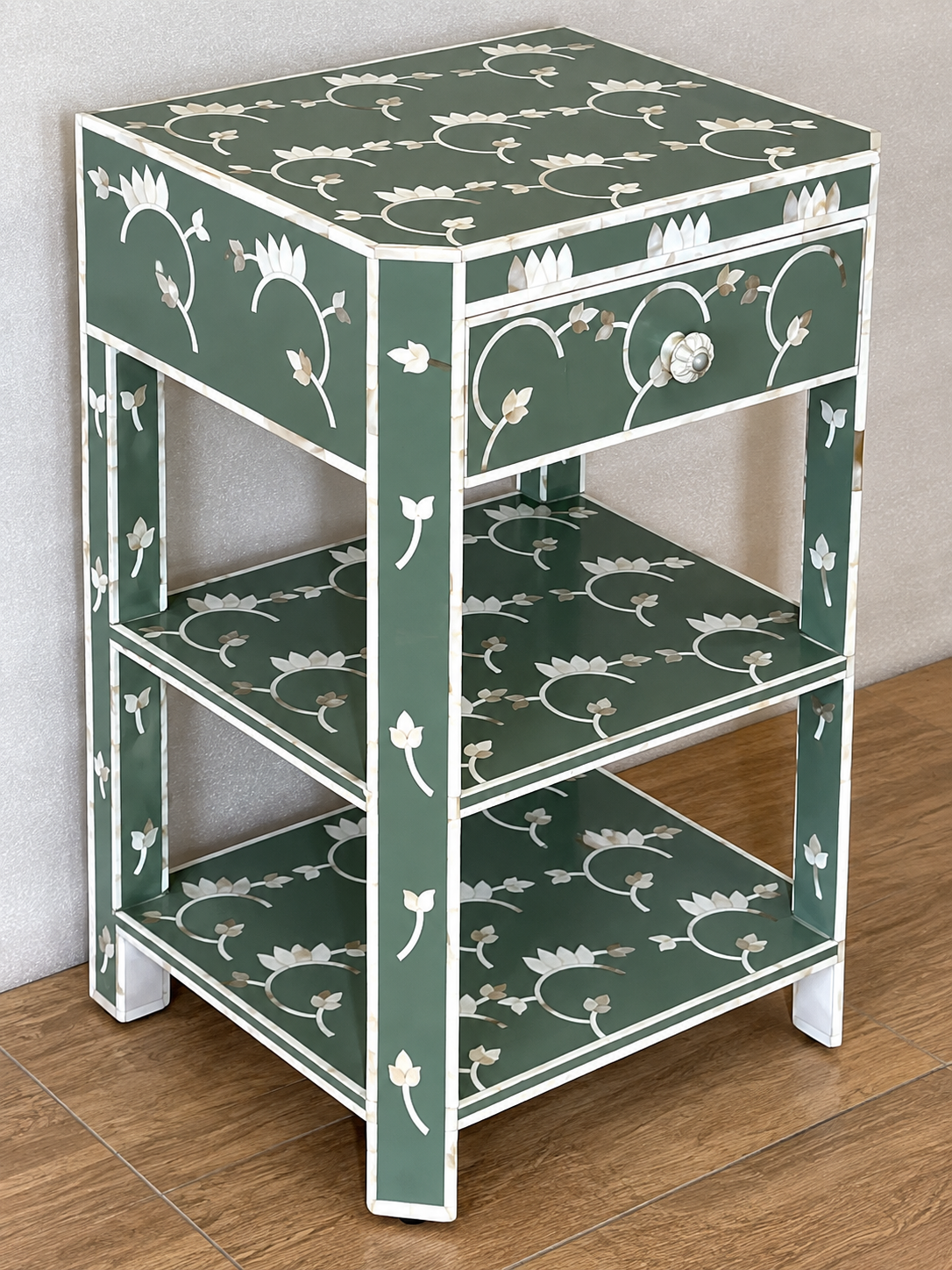 Sage Green Mother of Pearl Bedside Table – Handmade Floral Inlay Nightstand with Drawer & Open Shelves