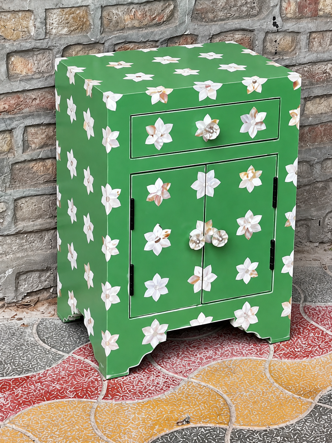 Green Mother of Pearl Bedside Cabinet – Handmade Floral Inlay Nightstand with Drawer & 2 Doors