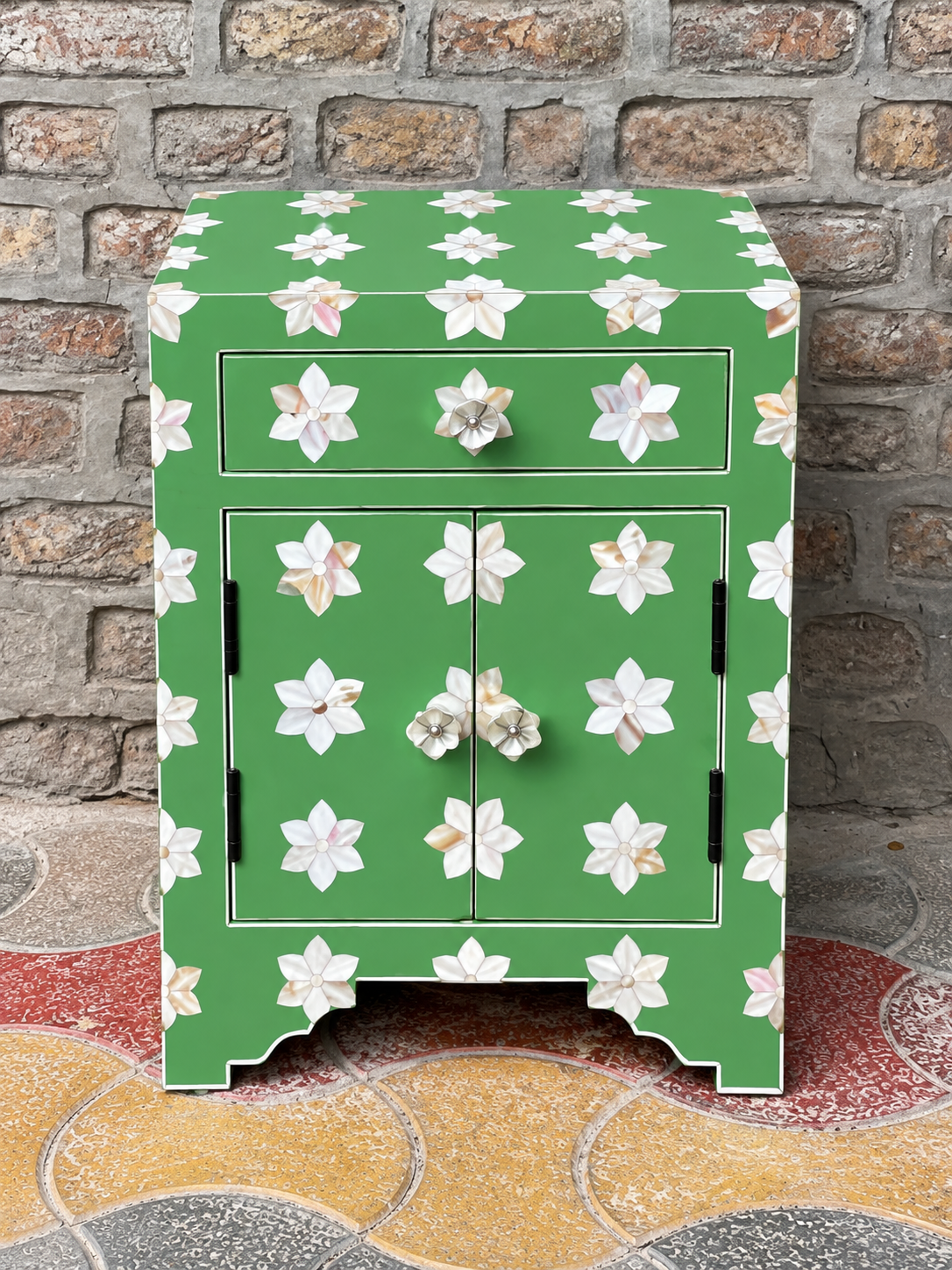 Green Mother of Pearl bedside cabinet with floral inlay, one drawer and two doors