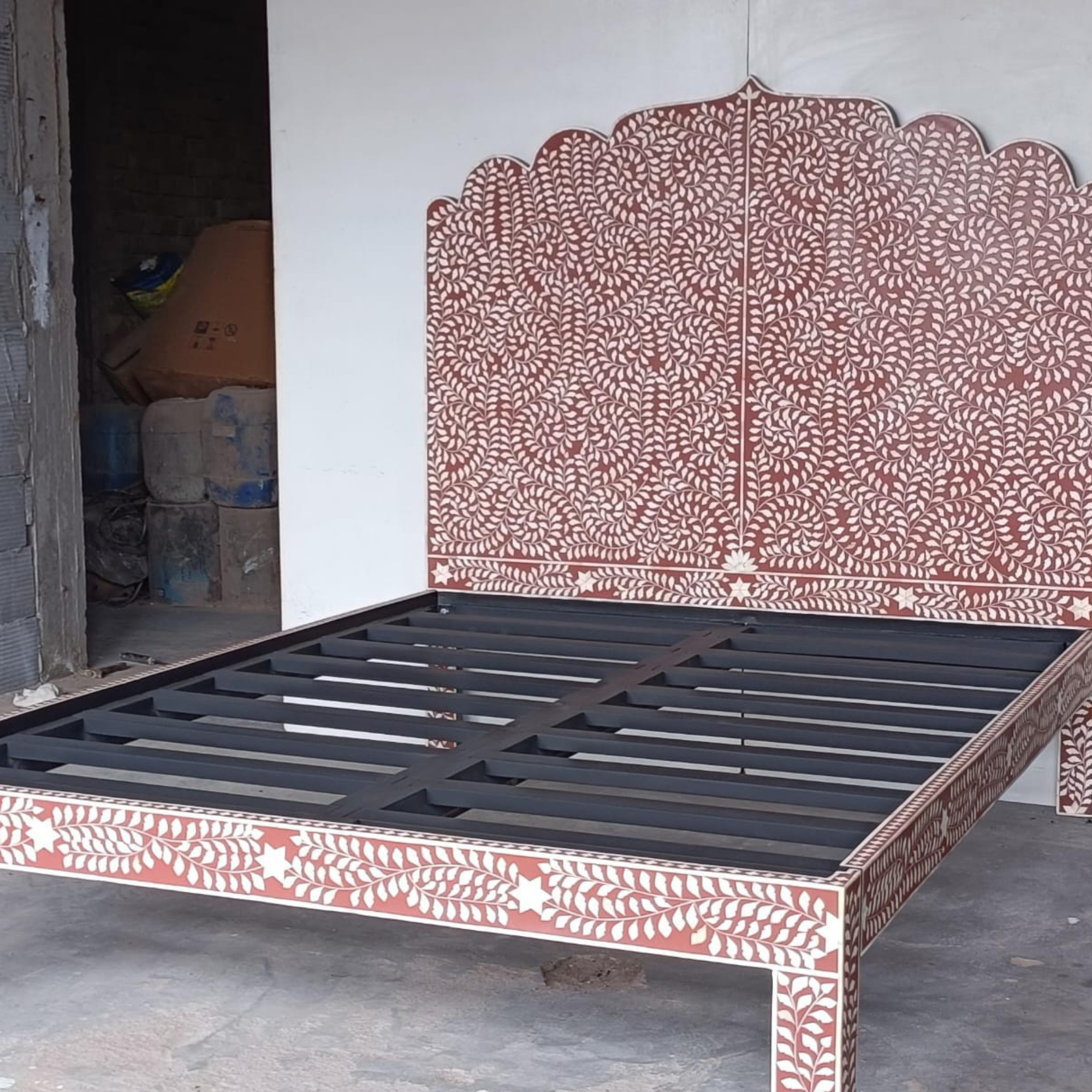 Handmade Bone Inlay Bed Frame, Floral Bone Inlay Platform Bed, Luxury Bedroom Furniture, Artisan King Queen Bed