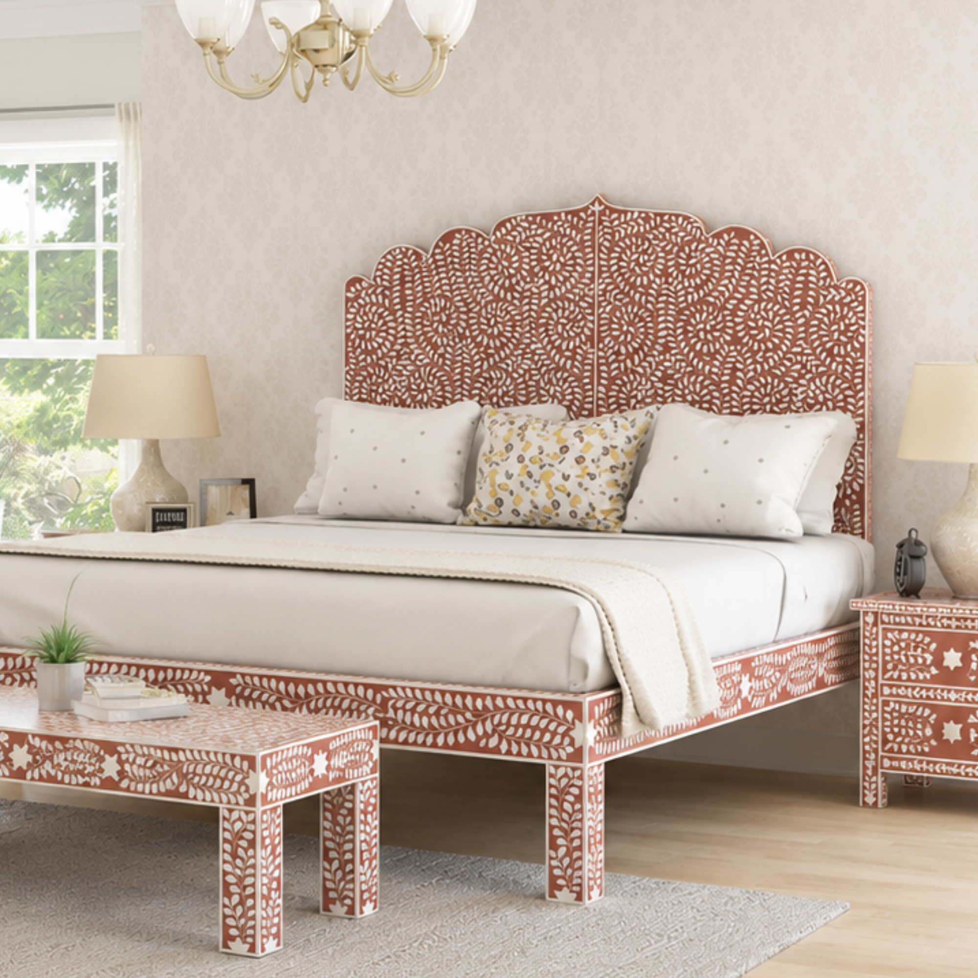 Handmade Bone Inlay Bed Frame, Floral Bone Inlay Platform Bed, Luxury Bedroom Furniture, Artisan King Queen Bed
