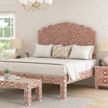 Handmade Bone Inlay Bed Frame, Floral Bone Inlay Platform Bed, Luxury Bedroom Furniture, Artisan King Queen Bed