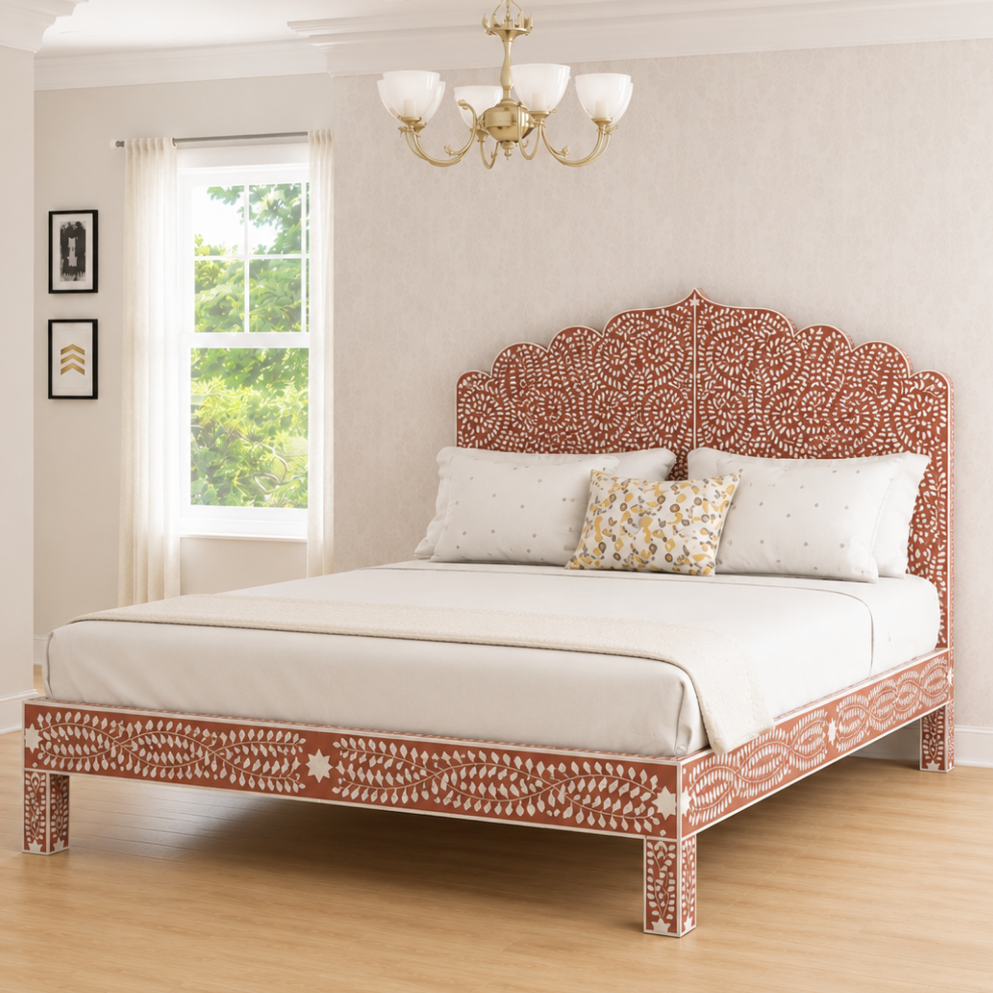 Handmade Bone Inlay Bed Frame, Floral Bone Inlay Platform Bed, Luxury Bedroom Furniture, Artisan King Queen Bed