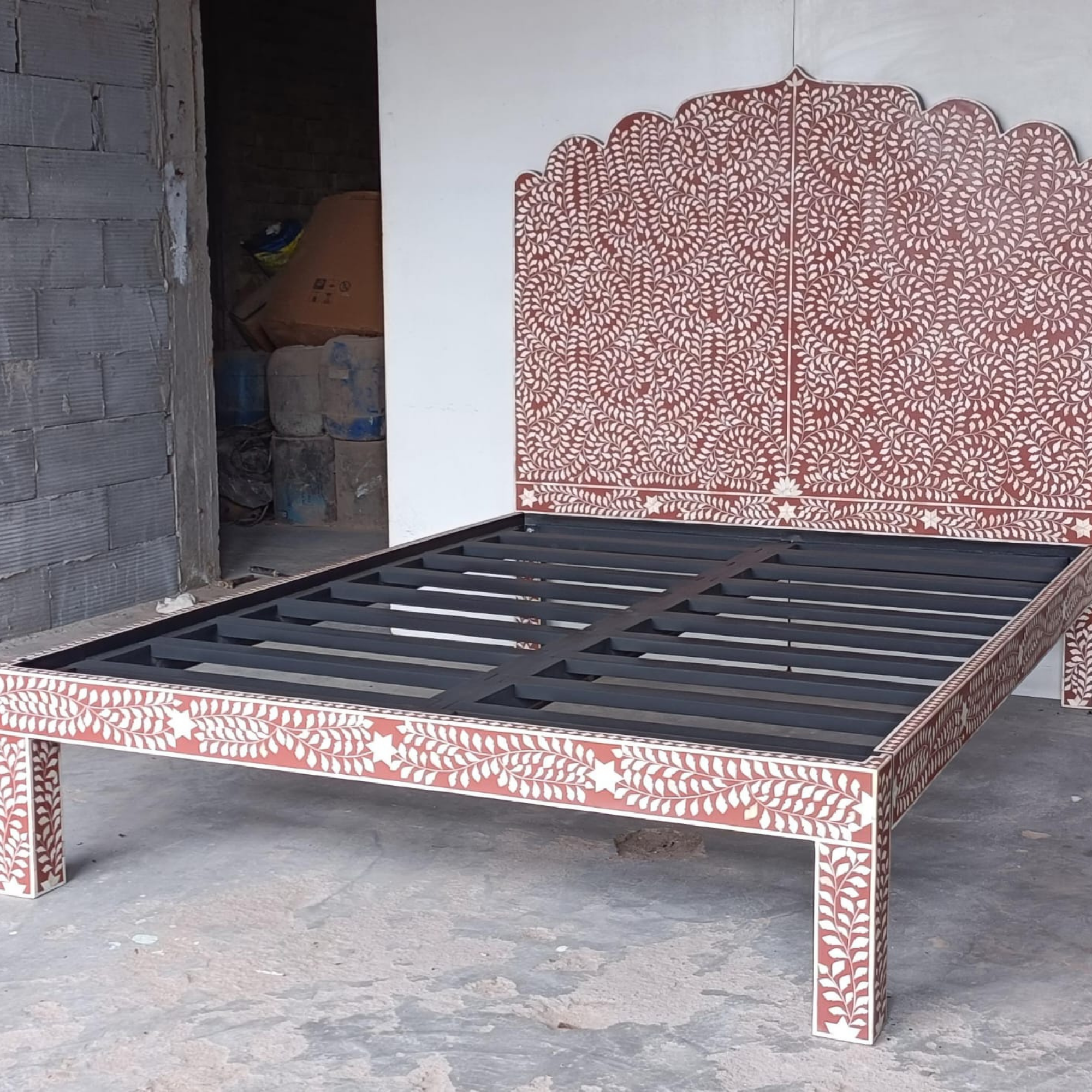 Handmade Bone Inlay Bed Frame, Floral Bone Inlay Platform Bed, Luxury Bedroom Furniture, Artisan King Queen Bed