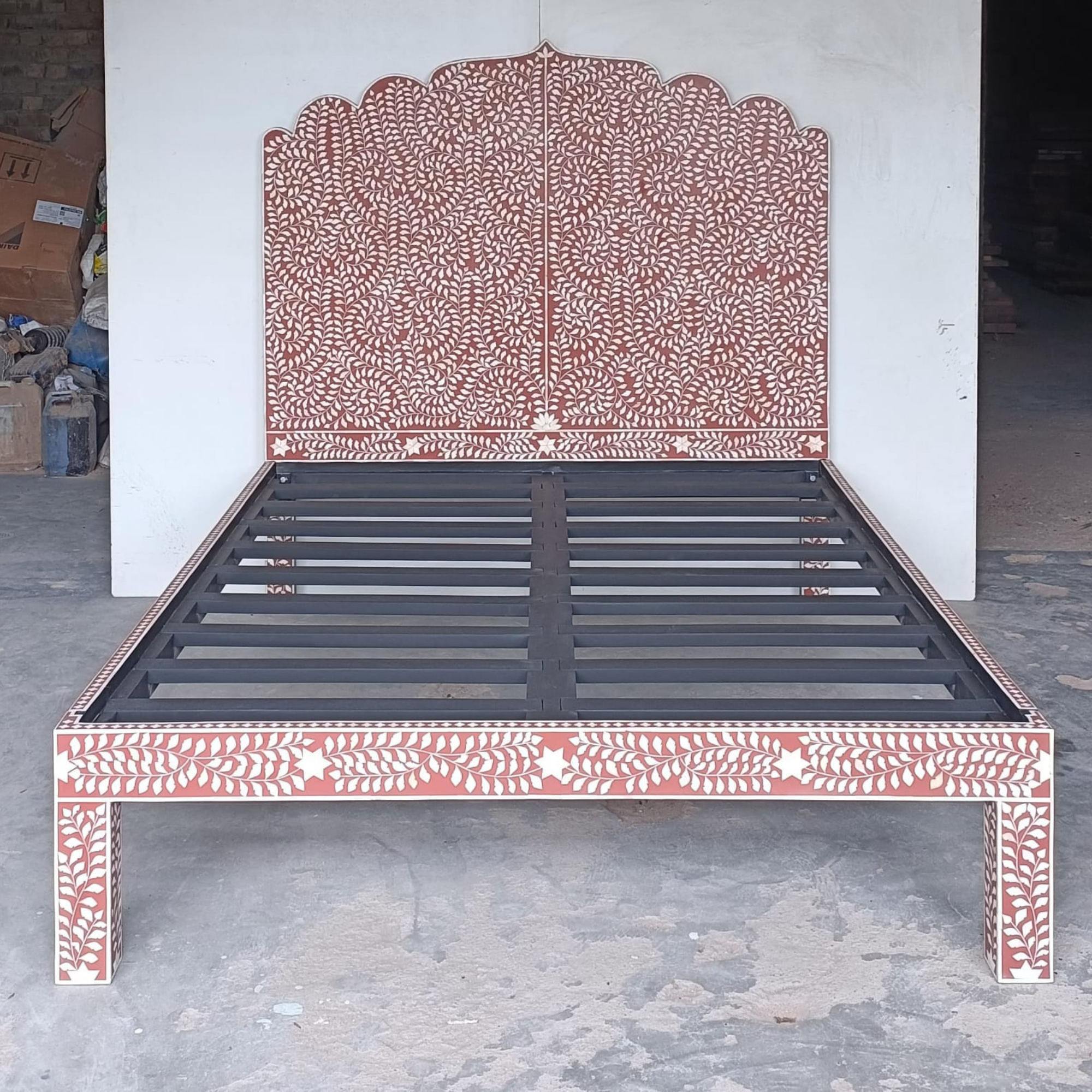 Handmade Bone Inlay Bed Frame, Floral Bone Inlay Platform Bed, Luxury Bedroom Furniture, Artisan King Queen Bed