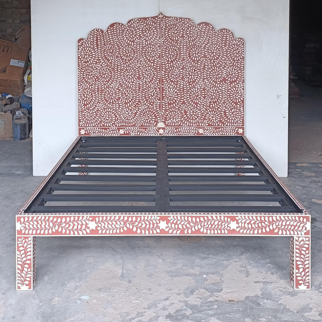 Handmade Terracotta & White Bone Inlay Bed – Floral Scalloped Platform Bed Frame