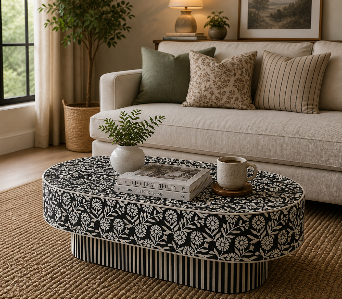 Handmade Bone Inlay Oval Coffee Table Black Floral Design with Striped Base Luxury Center Table