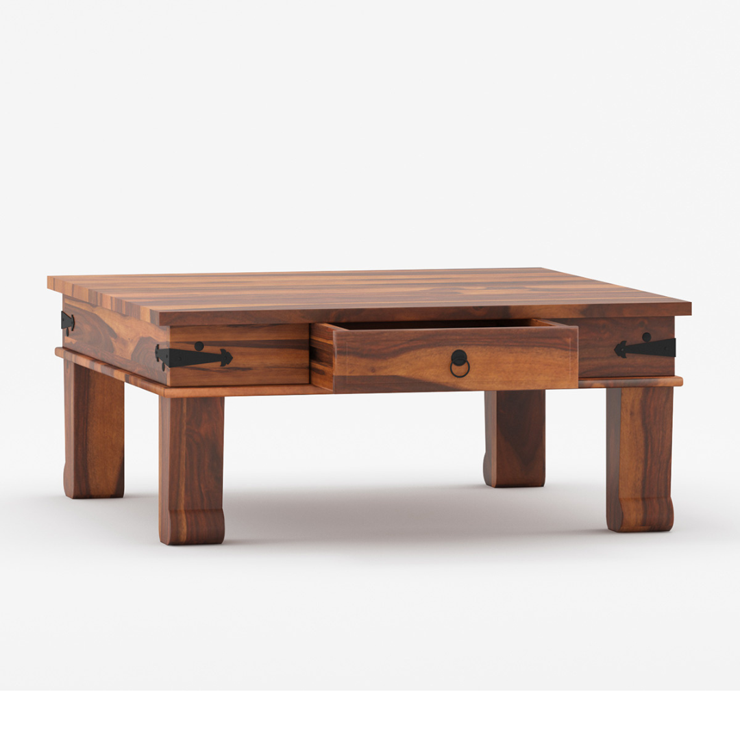 Solid Wood Square Coffee Table With Drawer – Handmade Rustic Center Table