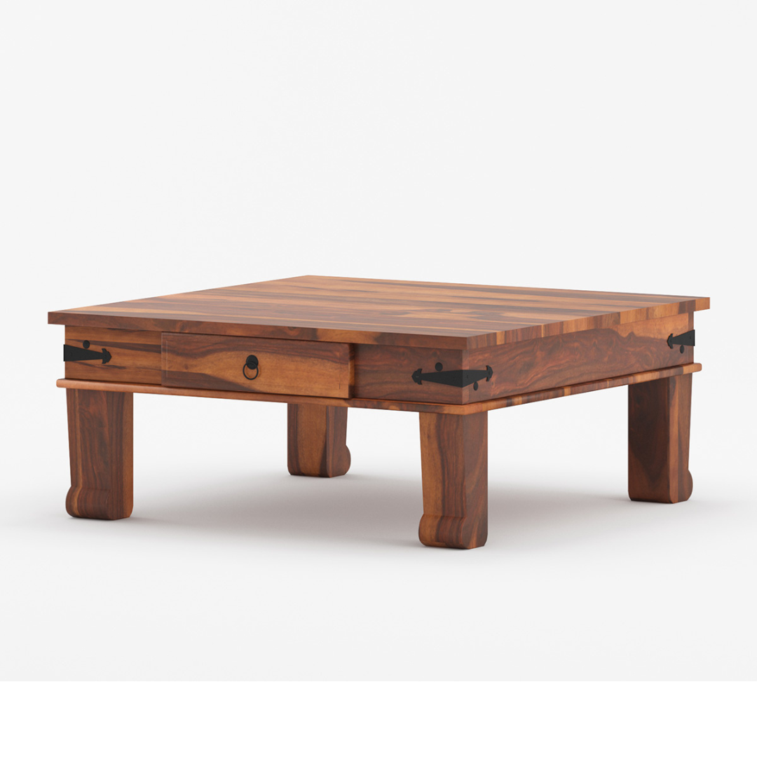 Solid Wood Square Coffee Table With Drawer – Handmade Rustic Center Table