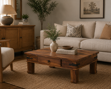Solid Wood Square Coffee Table With Drawer – Handmade Rustic Center Table