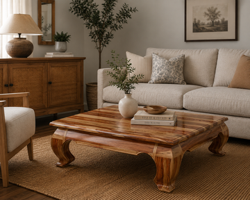 Halfeti Rustic Large Opium Leg Coffee Table – Handmade Wooden Square Table