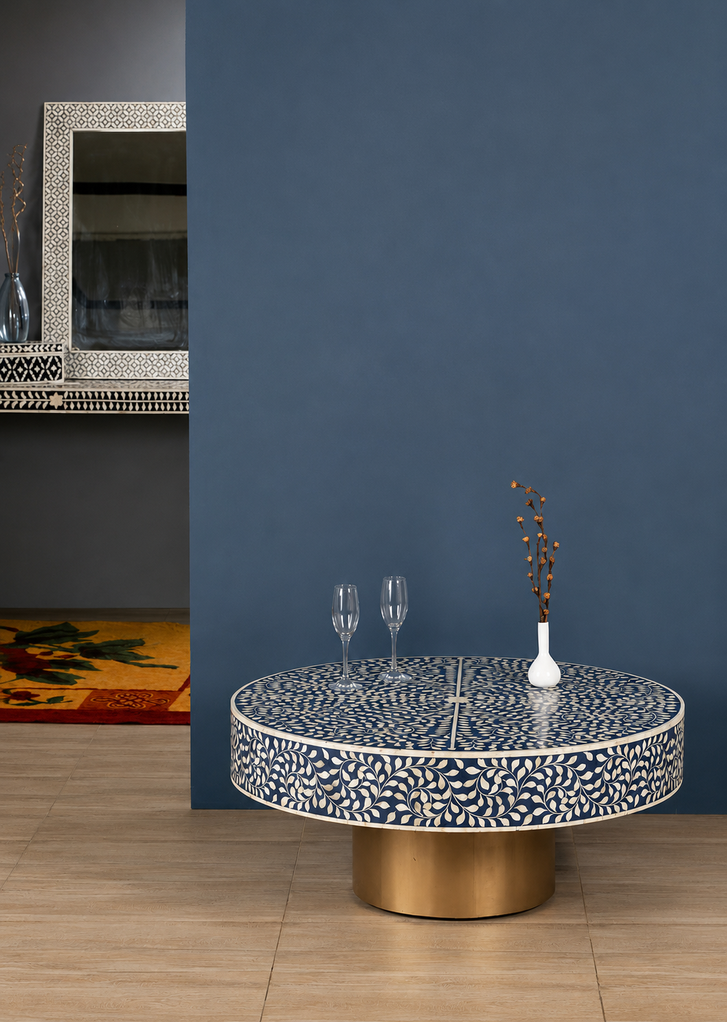 Blue Bone Inlay Coffee Table | Handmade Round Coffee Table with Gold Base | Luxury Living Room Furniture