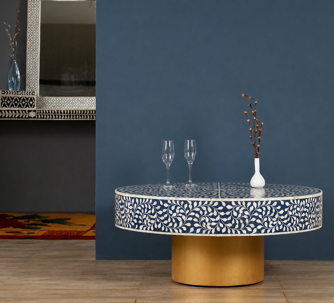 Blue Bone Inlay Coffee Table | Handmade Round Coffee Table with Gold Base | Luxury Living Room Furniture