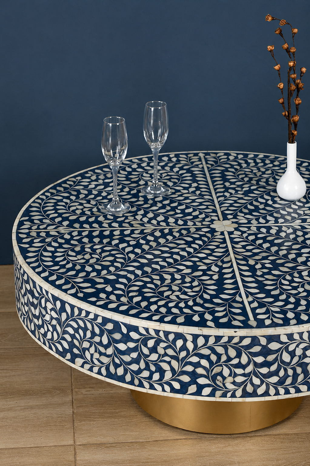 Blue Bone Inlay Coffee Table | Handmade Round Coffee Table with Gold Base | Luxury Living Room Furniture