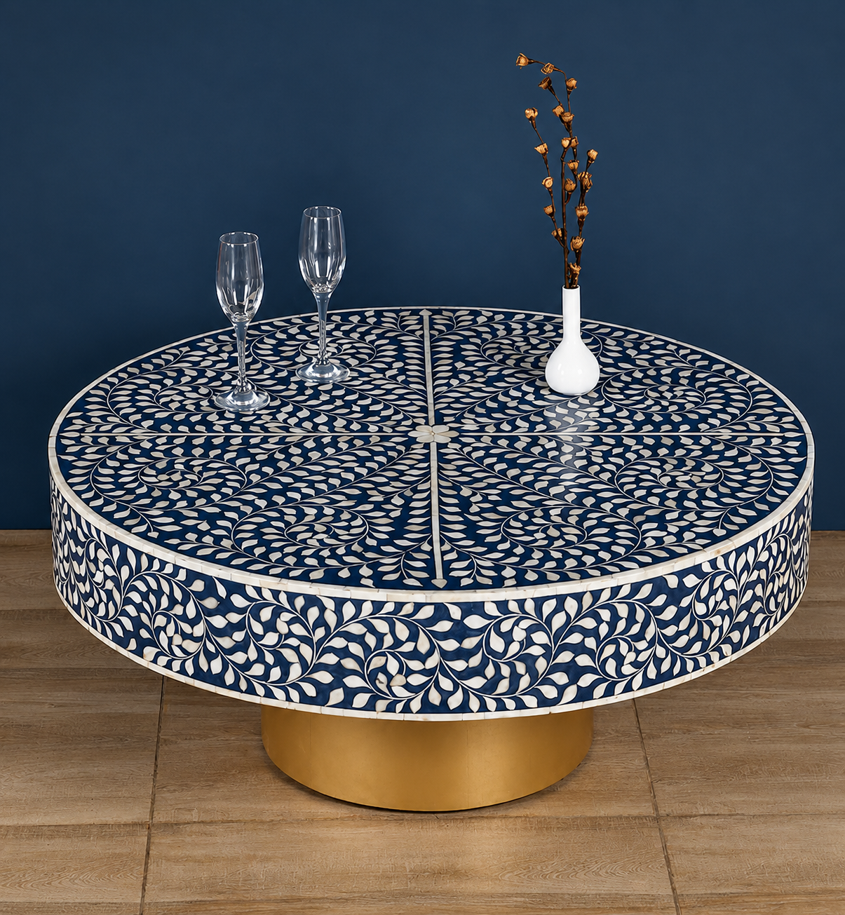 Blue Bone Inlay Coffee Table | Handmade Round Coffee Table with Gold Base | Luxury Living Room Furniture