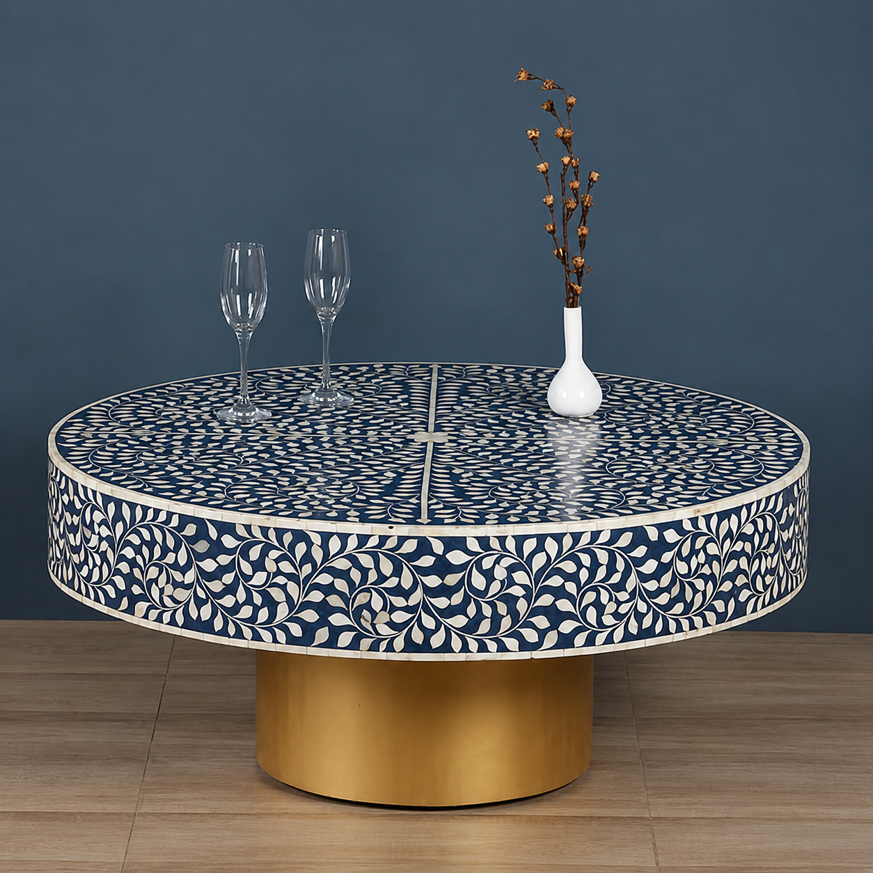 Blue Bone Inlay Coffee Table | Handmade Round Coffee Table with Gold Base | Luxury Living Room Furniture