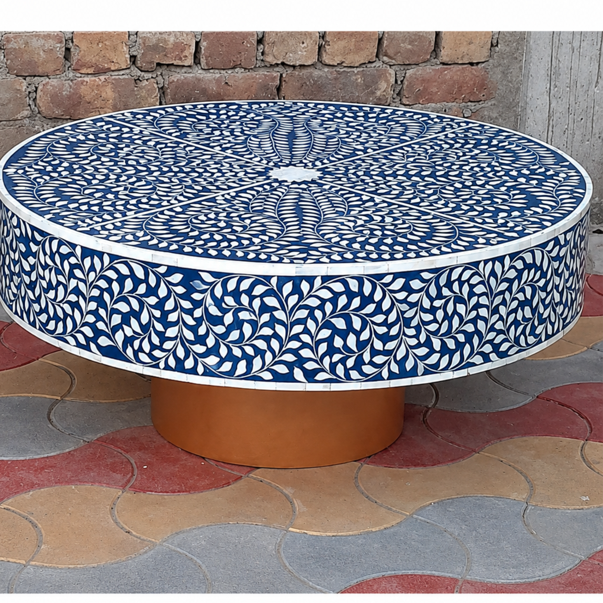 Handmade Bone Inlay Round Coffee Table Blue Floral Vine Pattern Mughal Design Luxury Center Table
