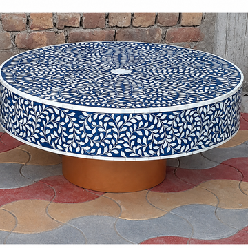 Handmade Bone Inlay Round Coffee Table Blue Floral Vine Pattern Mughal Design Luxury Center Table