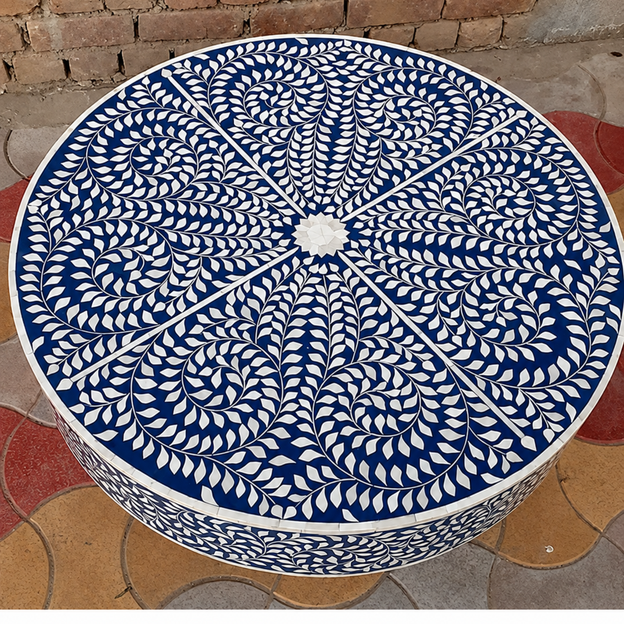 Handmade Bone Inlay Round Coffee Table Blue Floral Vine Pattern Mughal Design Luxury Center Table
