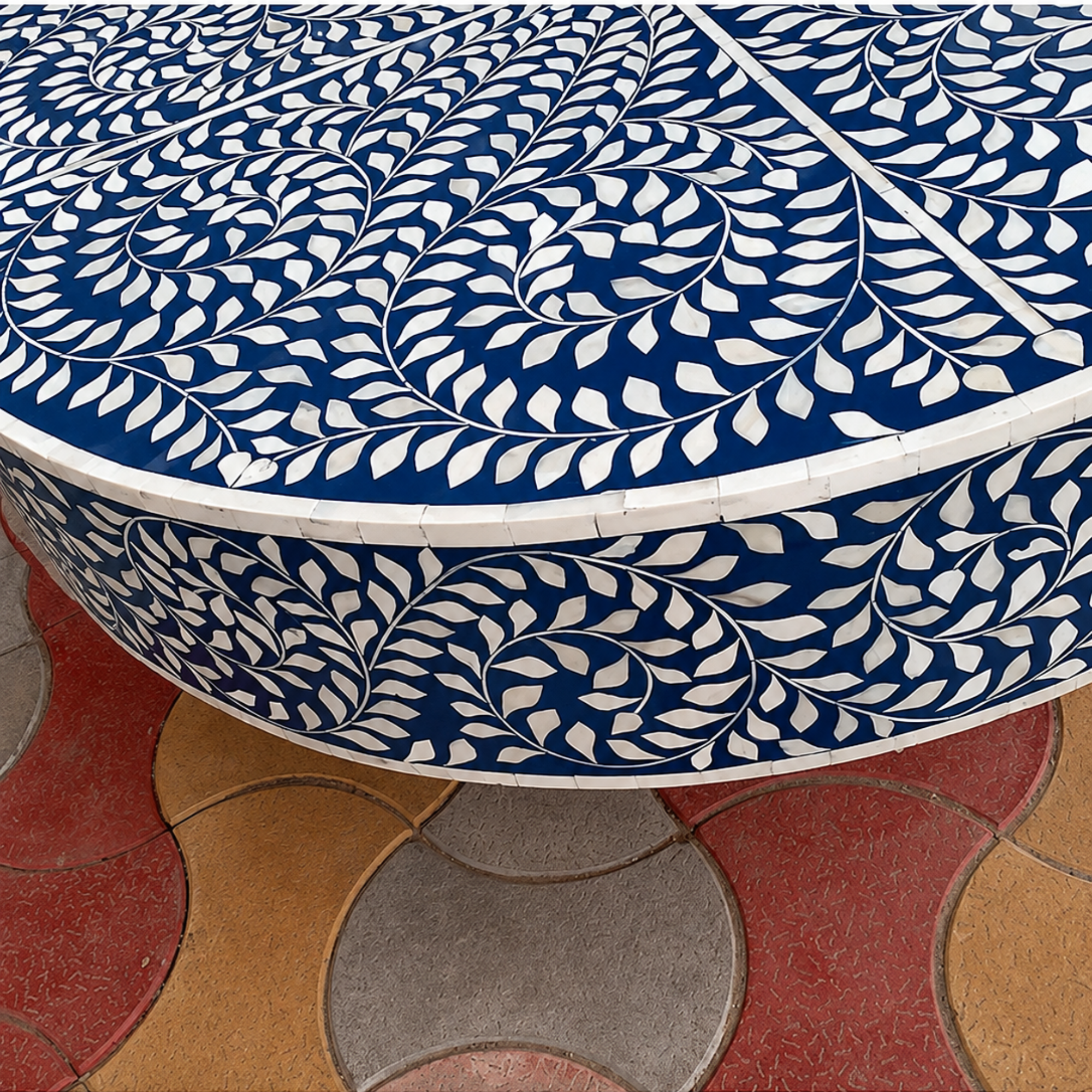 Handmade Bone Inlay Round Coffee Table Blue Floral Vine Pattern Mughal Design Luxury Center Table