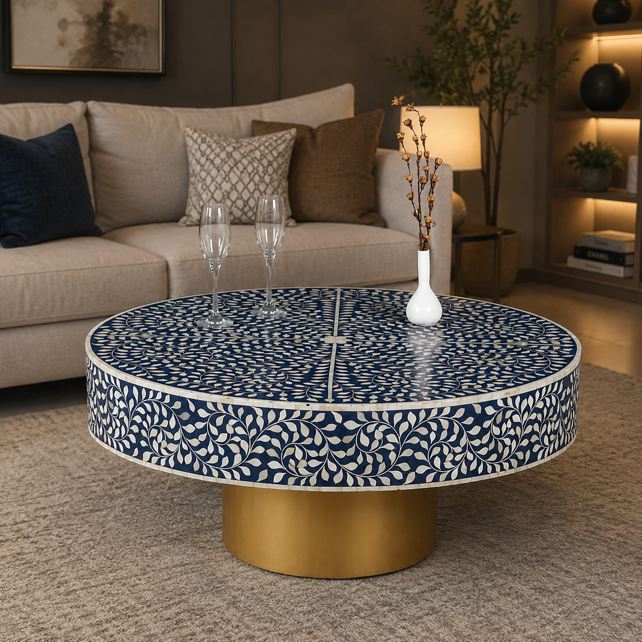Blue Bone Inlay Coffee Table | Handmade Round Coffee Table with Gold Base | Luxury Living Room Furniture