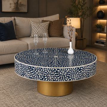 Blue Bone Inlay Coffee Table | Handmade Round Coffee Table with Gold Base | Luxury Living Room Furniture