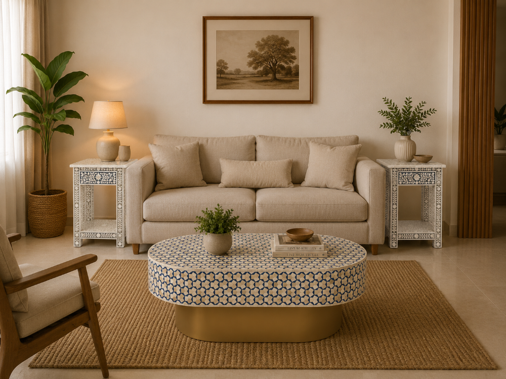 Handmade Blue Bone Inlay Oval Coffee Table | Luxury Center Table with Gold Base