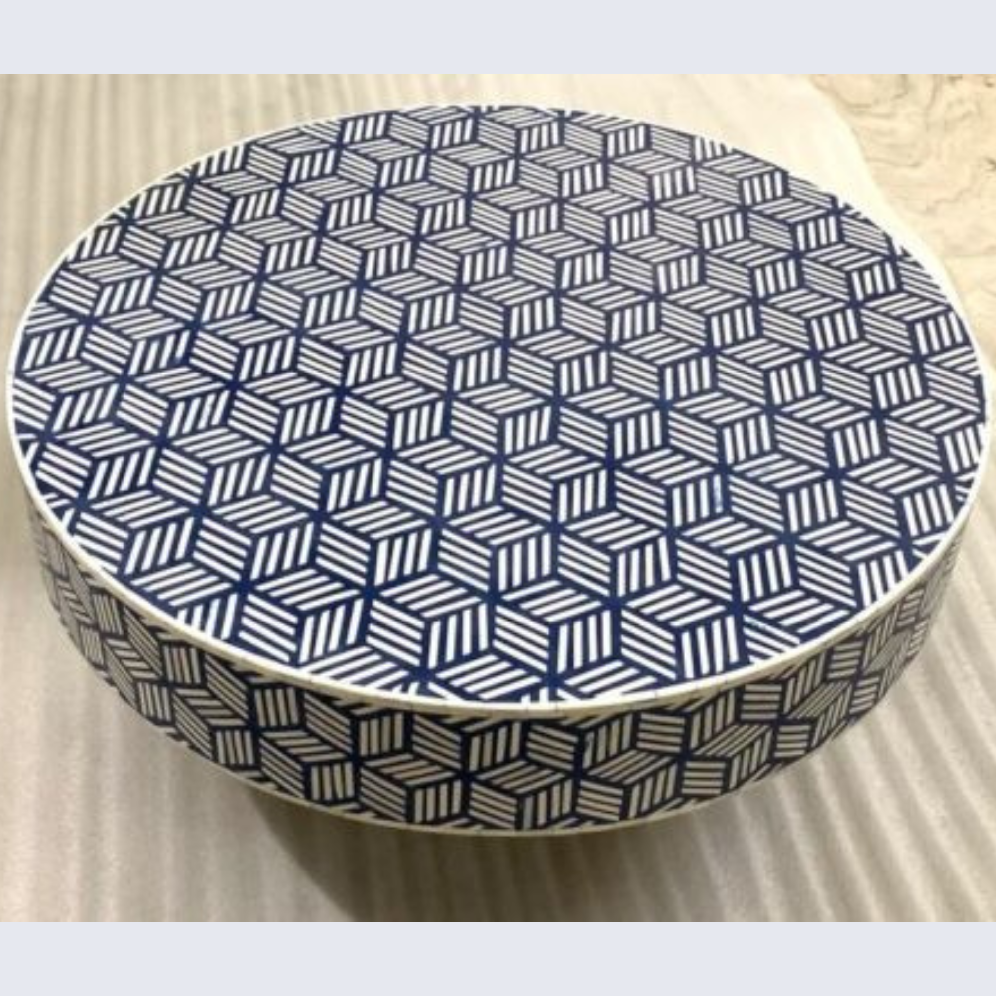 Blue & White Bone Inlay Round Coffee Table with Brass Base – Handmade Geometric Center Table