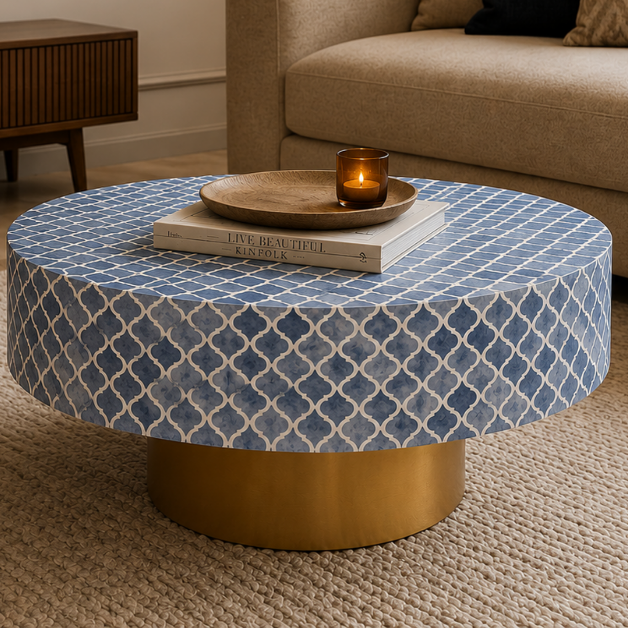 Handmade Blue Bone Inlay Coffee Table | Moroccan Pattern Round Coffee Table | Luxury Living Room Furniture