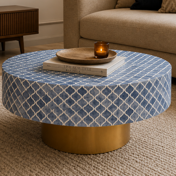 Handmade Blue Bone Inlay Coffee Table | Moroccan Pattern Round Coffee Table | Luxury Living Room Furniture