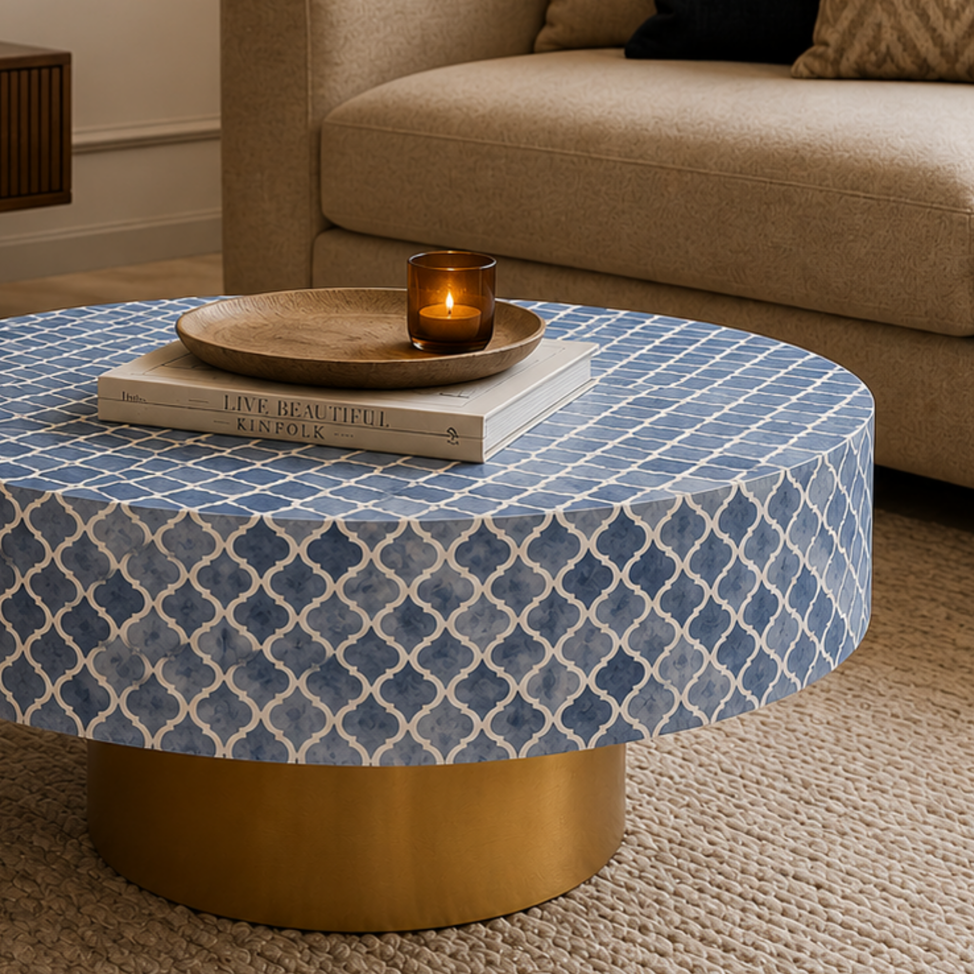 Handmade Blue Bone Inlay Coffee Table | Moroccan Pattern Round Coffee Table | Luxury Living Room Furniture