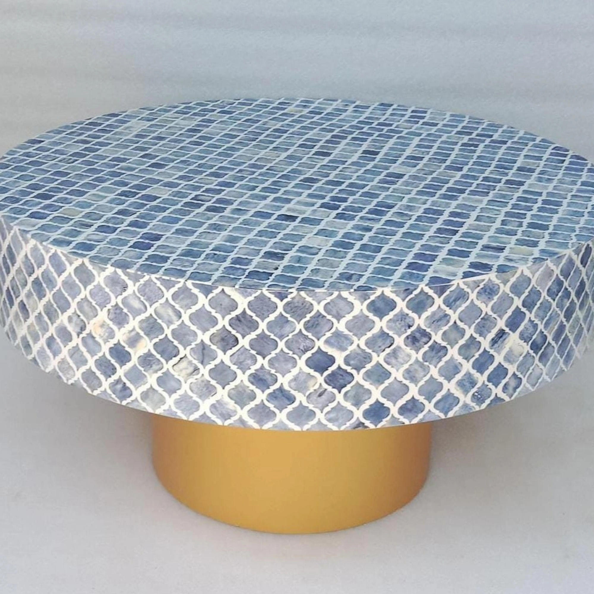 Handmade Blue Bone Inlay Coffee Table | Moroccan Pattern Round Coffee Table | Luxury Living Room Furniture