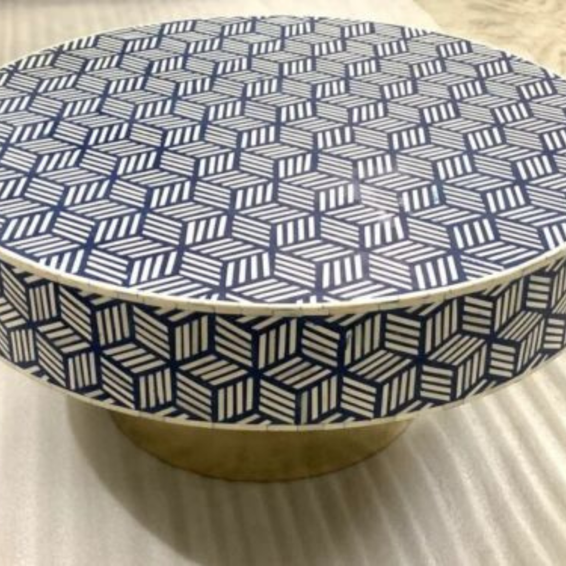Blue & White Bone Inlay Round Coffee Table with Brass Base – Handmade Geometric Center Table